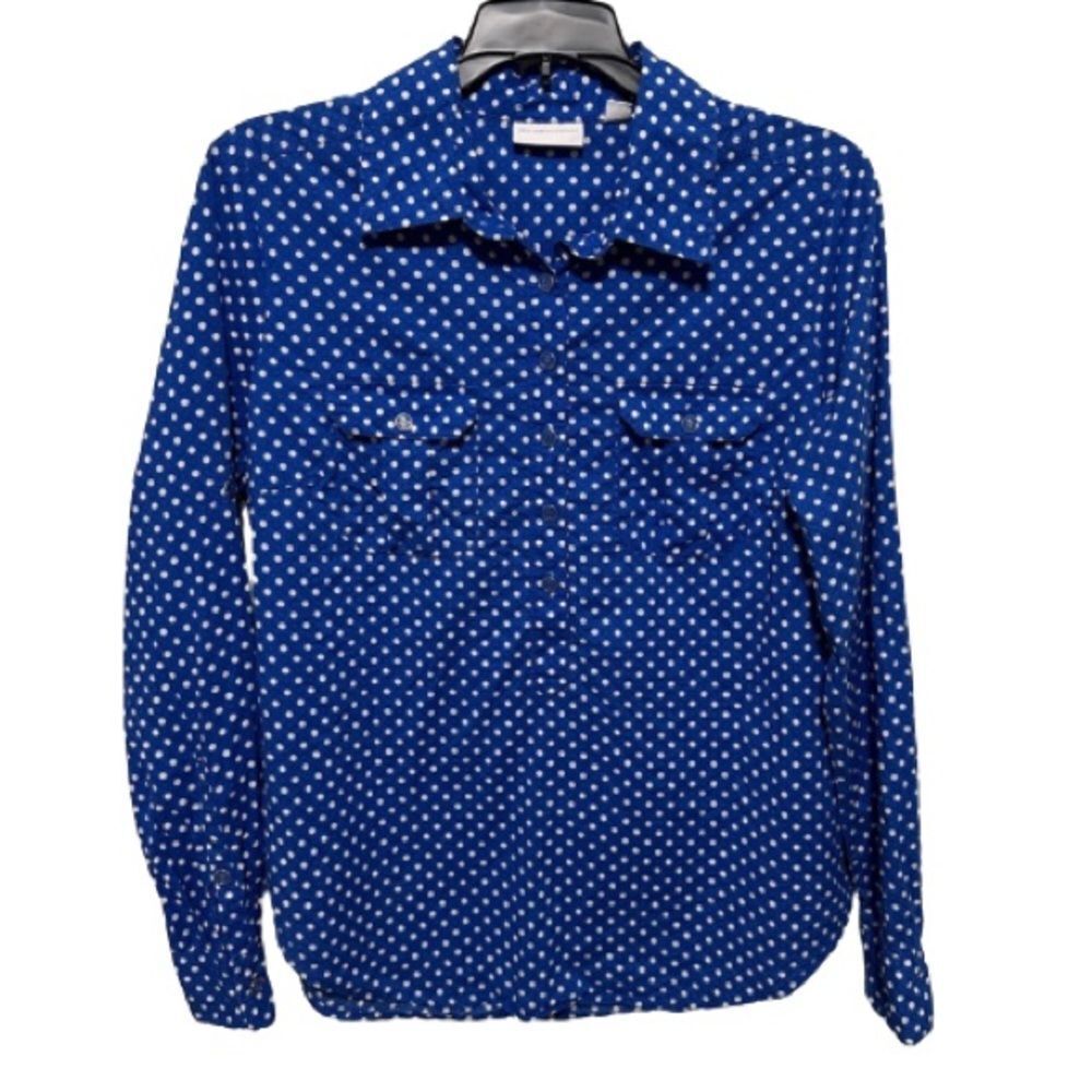 New York & Company Blue Polka-Dot Button Up Blouse Top Size S Roll Tab Sleeve